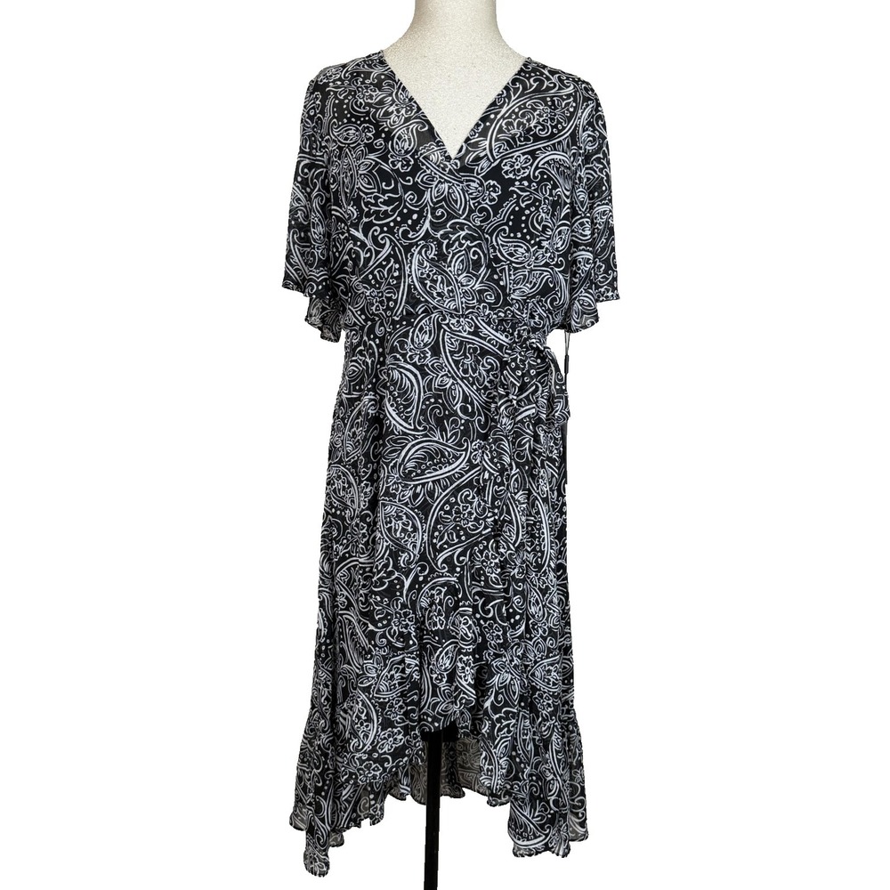 NEW Calvin Klein Wrap Dress Womens 12 Black Paisley Chiffon Hi Low Ruffle